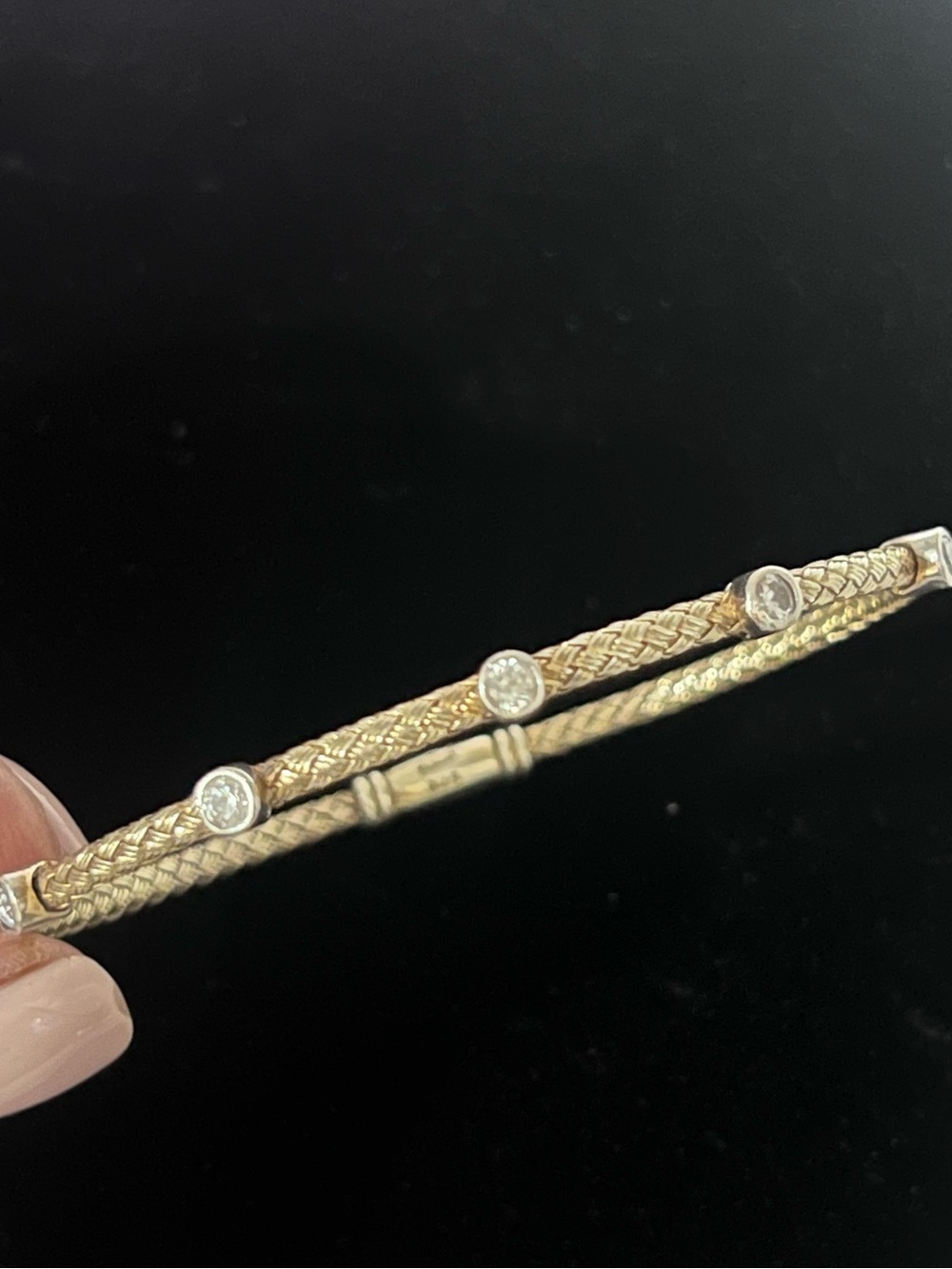 Vtg Olas d’Oro 925 Sterling Silver Gold Tone Mesh Bangle Bracelet 5 Diamonds 6.8